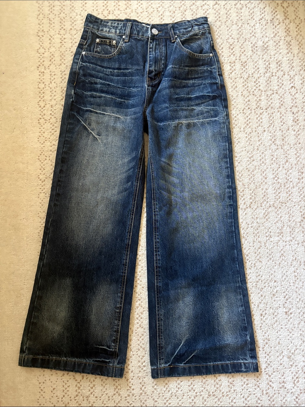 BAGGY Wide Leg Cinch Back Whiskered Y2K Skate Jeans 100% Cotton Faded Dark Blue